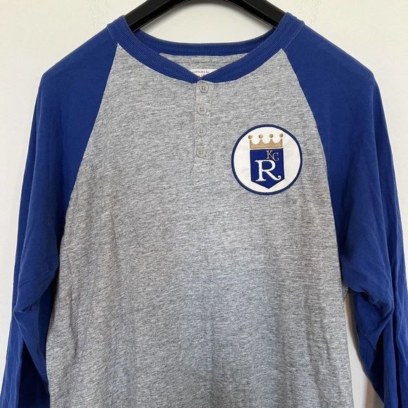Kansas City Royals Baseball MLB Mitchell &‎ Ness Mens M Henley Shirt Gray Blue - Picture 2 of 8